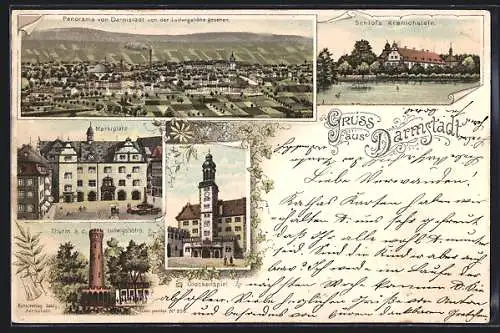 Lithographie Darmstadt, Thurm auf der Ludwigshöhe, Schloss Kranichstein, Glockenspiel