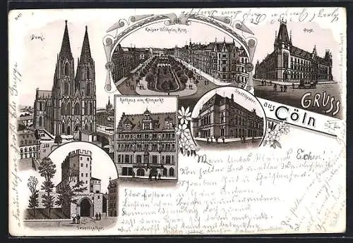 Lithographie Köln, Dom, Rathaus am Altmarkt, Severinstor