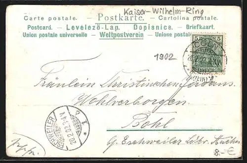 Lithographie Köln a. Rh., Kaiser Wilhelm Ring, Denkmal Kaiser Wilhelm I.