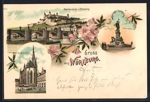 Lithographie Würzburg, Mainbrücke und Festung, Marienkirche, Luitpold Brunnen