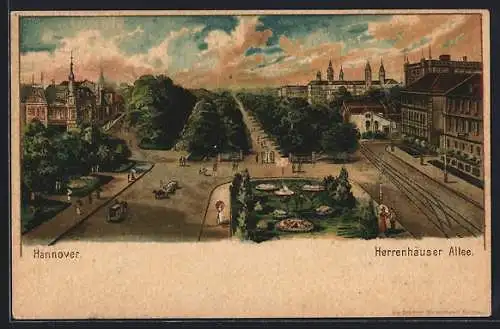 Lithographie Hannover, Blick auf die Herrenhäuser Allee mit Parkanlage