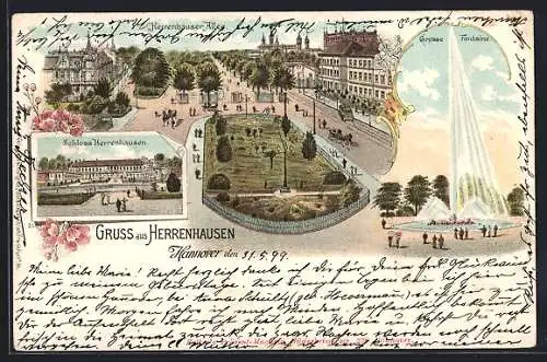 Lithographie Hannover-Herrenhausen, Herrenhäuser Allee, Schloss, Fontaine