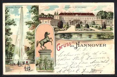 Lithographie Hannover, Grosse Fontäne, Schloss in Herrenhausen, Sachsen-Ross