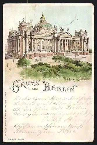 Lithographie Berlin-Tiergarten, Reichstags-Gebäude, Halt gegen das Licht: beleuchtete Fenster