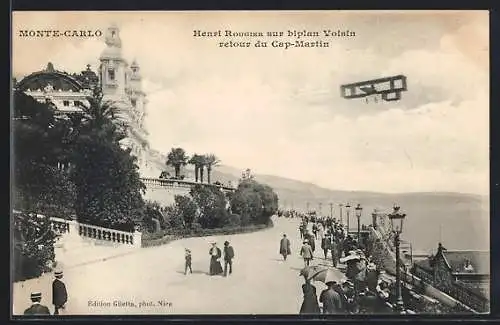 AK Monte-Carlo, Henri Rougier sur biplan Voisin retour du Cap-Martin
