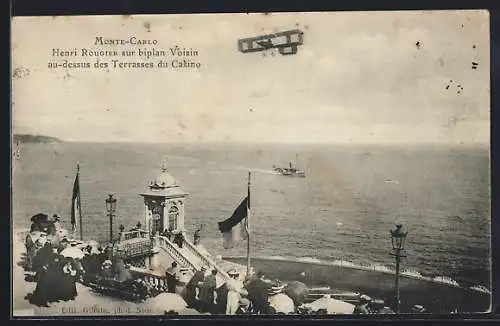 AK Monte-Carlo, Henri Rougier sur biplan Voisin au-dessus des Terrasses du Casino