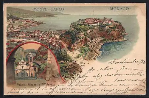 Lithographie Monte Carlo, Vallon et Chapelle Ste Dévote, Panorama