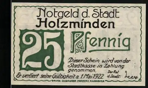 Notgeld Holzminden, 1922, 25 Pfennig, Stadtansicht mit Kirche und Ornamenten