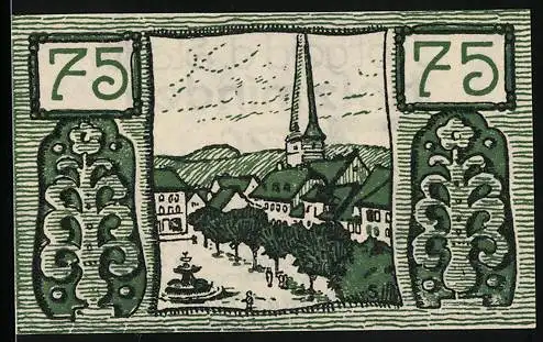 Notgeld Holzminden, 1922, 75 Pfennig, Stadtansicht mit Kirche und Brunnen, grünweisser Schein