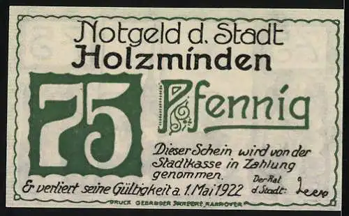 Notgeld Holzminden, 1922, 75 Pfennig, Stadtansicht mit Kirche und Brunnen, grünweisser Schein