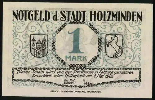 Notgeld Holzminden 1922, 1 Mark, Schützenfest Ausmarsch Bild 2, beidseitig bedruckt mit Stadtwappen