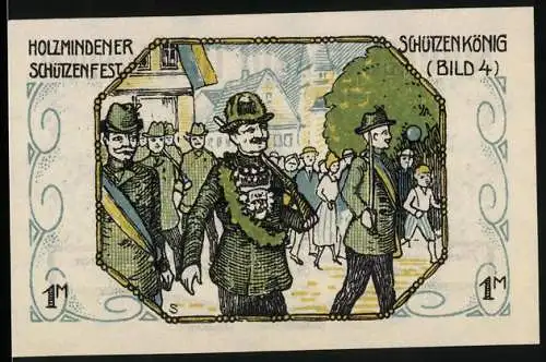 Notgeld Holzminden, 1922, 1 Mark, Schützenkönig beim Schützenfest, Vorderseite, Stadtwappen, Rückseite