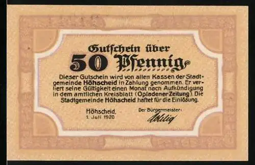 Notgeld Höhscheid 1920, 50 Pfennig, Gutschein der Stadtgemeinde Höhscheid Nr. 124212