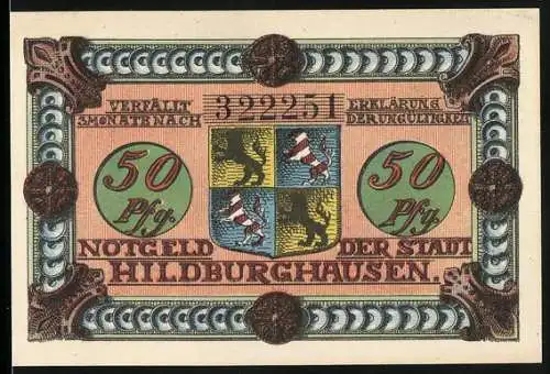 Notgeld Hildburghausen, 1921, 50 Pfennig, Wappen und Frau mit Korb und Stock