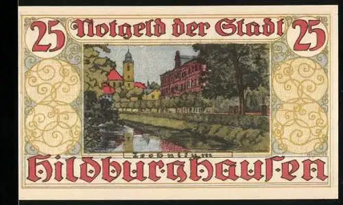 Notgeld Hildburghausen, 25 Pfennig, Stadtansicht mit Kirche und Wappen