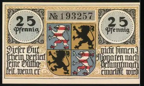 Notgeld Hildburghausen, 25 Pfennig, Stadtansicht mit Kirche und Wappen