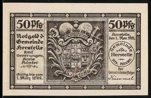 Notgeld Herstelle 1921, 50 Pfennig, Wappen und Abbildung der Krönung von Karl dem Grossen