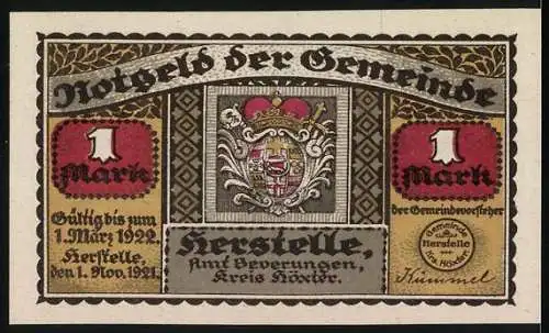 Notgeld Herstelle 1921, 1 Mark, Karl der Grosse und Wappen der Gemeinde