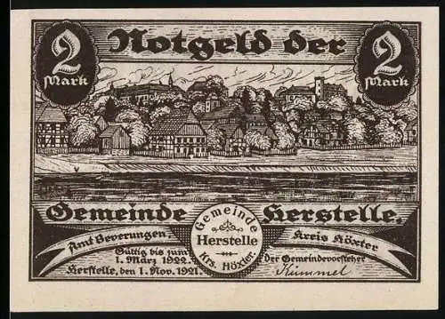 Notgeld Herstelle 1921, 2 Mark, Stadtansicht und Wappen auf Ornament-Hintergrund