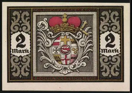 Notgeld Herstelle 1921, 2 Mark, Stadtansicht und Wappen auf Ornament-Hintergrund