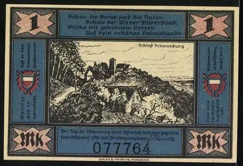 Notgeld Hess.-Oldendorf, 1921, 1 Mark, Sagenmotiv mit Schloss Schaumburg