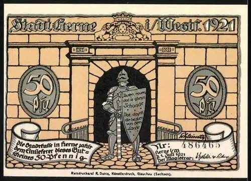 Notgeld Herne 1921, 50 Pfennig, Abbildung einer Szene mit Arbeitern und einem Ritter vor einem Stadttor