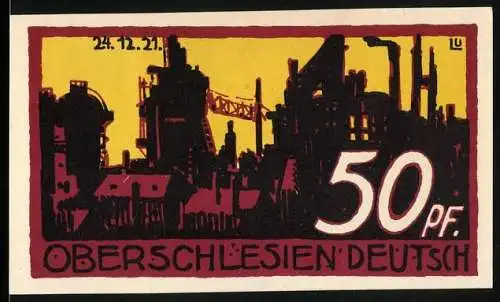 Notgeld Helmstedt 1921, 50 Pf, Industrieszene und rotes Kreuz, Bergmann mit Hammer und Adler