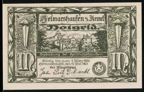 Notgeld Helmarshausen, 1921, 1 Mark, Sababurg bei Helmarshausen und Schmied Helmbrecht treibt den Nagel durch