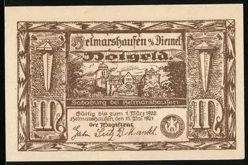 Notgeld Helmarshausen a. d. Diemel, 1921, 1 Mark, Darstellung der Sababurg und historische Szene mit Schmied