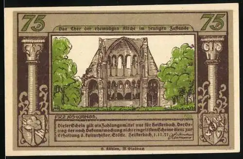 Notgeld Heisterbach, 1921, 75 Pfennig, Ehemalige Kirche und Mönch zu Heisterbach im Siebengebirge