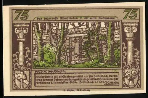 Notgeld Heisterbach 1921, 75 Pfennig, Mönchslegende und Klostermauer