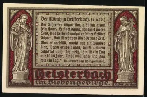 Notgeld Heisterbach 1921, 75 Pfennig, Mönchslegende und Klostermauer