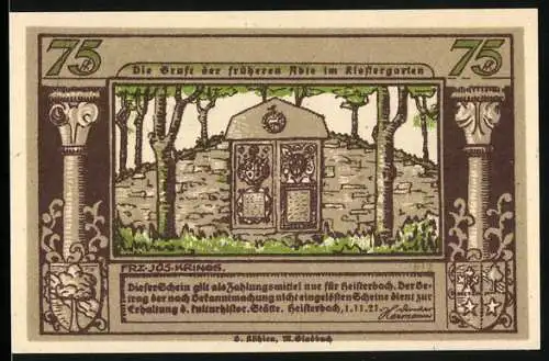 Notgeld Heisterbach, 1921, 75 Pfennig, Abtei im Klostergarten, Mönche aus Heisterbach