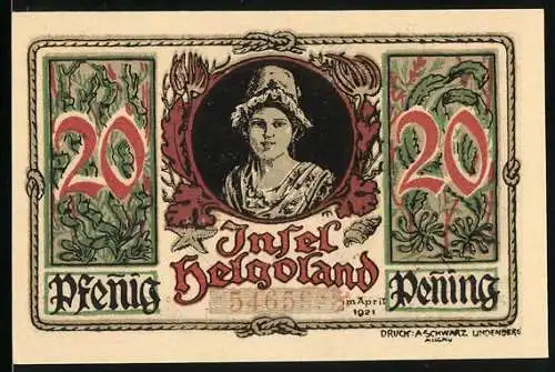 Notgeld Helgoland, 1921, 20 Pfennig, Insel Helgoland mit Frau und Wappen, Text auf Rückseite