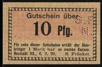 Notgeld Neustadt OS, 1920, 10 Pfg, nur bei Lohnzahlungen von S. Fränkel Leinenfabrik