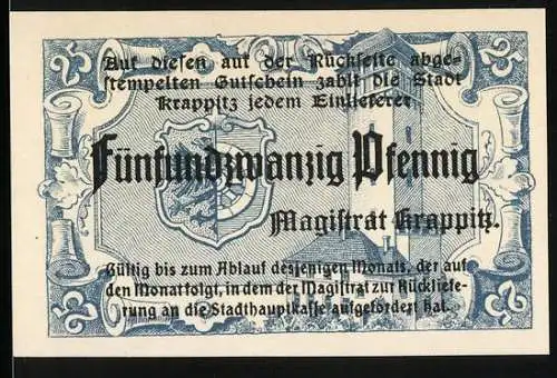 Notgeld Krappitz, 50 Pfennig, Stadtwappen und Beschreibung der Stadt auf Rückseite