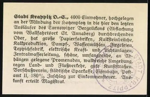 Notgeld Krappitz, 50 Pfennig, Stadtwappen und Beschreibung der Stadt auf Rückseite