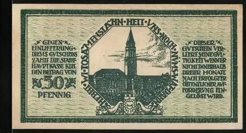 Notgeld Kiel 1918, 50 Pfennig, Gutschein über Fünfzig Pfennig mit Stadtansicht und Schriftzug