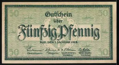 Notgeld Kiel 1918, 50 Pfennig, Gutschein über Fünfzig Pfennig mit Stadtansicht und Schriftzug