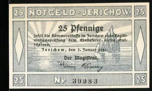 Notgeld Jerichow, 1921, 25 Pfennig, Stadtansicht und Ritter mit Drachen, Nr. 39983