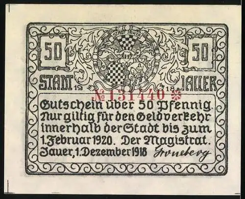 Notgeld Jauer, 1918, 50 Pfennig, historische Stadtansicht und Wappen, Es war einmal und Kriegszeit böse Zeit