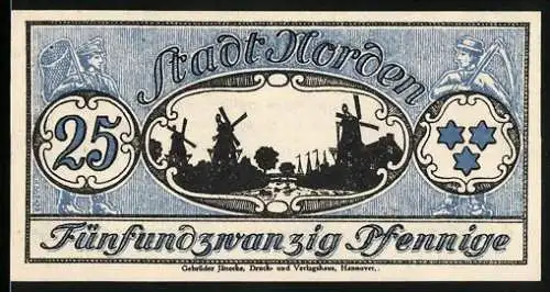 Notgeld Norden, 1921, 25 Pfennig, Stadtansicht mit Windmühlen und Soldaten, Seriennummer 165183