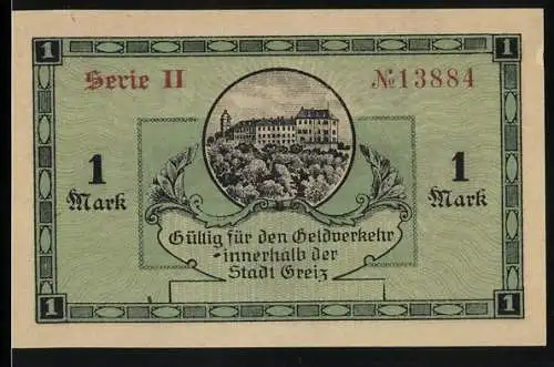 Notgeld Greiz, 1918, 1 Mark, Serie II Nr. 13884, Stadtansicht und Wappen, Gutschein über eine Mark