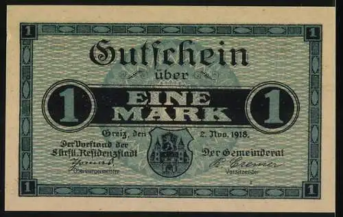 Notgeld Greiz, 1918, 1 Mark, Serie II Nr. 13884, Stadtansicht und Wappen, Gutschein über eine Mark