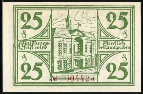 Notgeld Goldberg, 1921, 25 Pfennig, Gebäude mit Turm und Stadtwappen mit Schloss und Kuhkopf