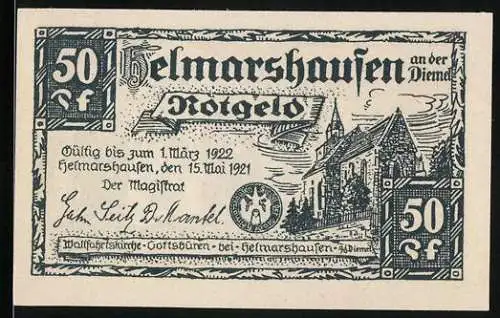 Notgeld Helmarshausen 1921, 50 Pf, Darstellung einer Kirche und einer historischen Szene