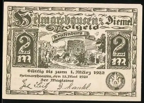 Notgeld Helmarshausen, 1921, 2 Mark, Abbildung der Krukenburg und historische Szene am Krankenbett