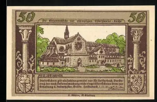 Notgeld Heisterbach, 1921, 50 Pfennig, Klosterruine und Mönchsabbildungen