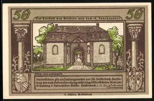 Notgeld Heisterbach, 1921, 50 Pfennig, Kloster-Torbau aus dem 18. Jahrhundert, Heisterbach im Siebengebirge