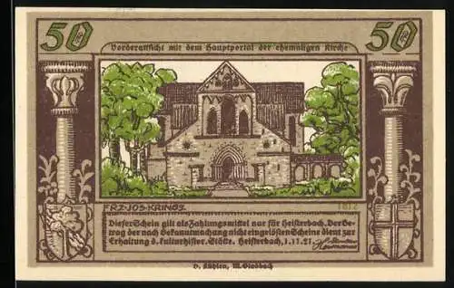 Notgeld Heisterbach, 1921, 50 Pfennig, Vorderansicht der Klosterruine und Mönche mit Gedicht